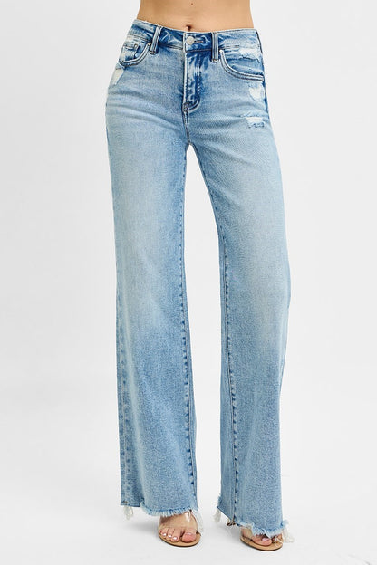 Risen Tummy Control MR Wide Leg Jeans, light wash, distressed details, raw edge hem. Available in sizes S-XL.
