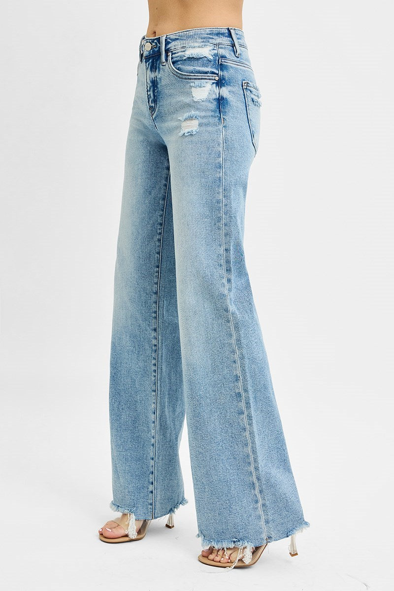 Risen Tummy Control MR Wide Leg Jeans: light blue, high waist, distressed, raw hem. Sizes: S-XL.