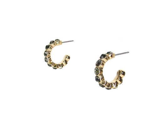Royal Black Diamond Crystal Hoop Post Earrings with small gold-tone hoops and faceted dark green stones along the outer edge. Available in sizes: small, medium, large.