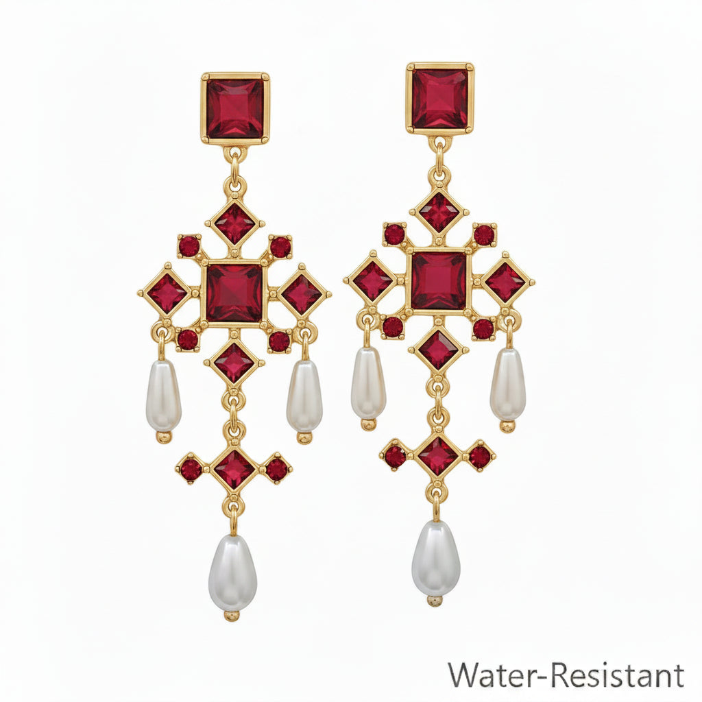 Rubi Ruby Red Crystal Chandelier Earrings with square red crystals, geometric pattern, and white teardrop pearls. Available in various sizes.