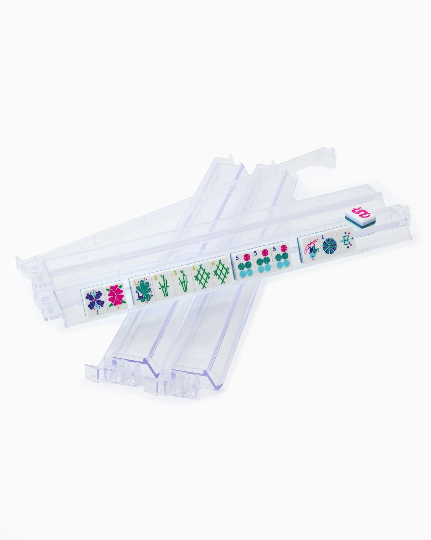 Clear Acrylic Rack & Pushers Set with four clear acrylic Mahjong racks for American Mahjong. Available in standard and large sizes.