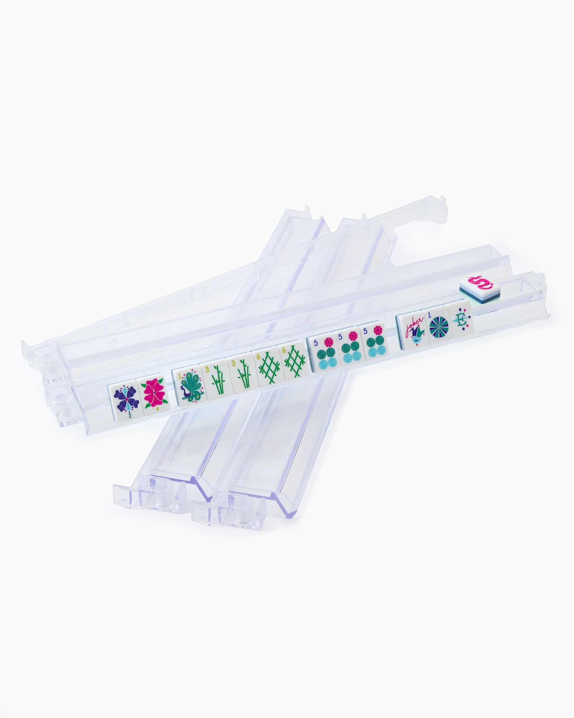 Clear Acrylic Rack & Pushers Set with four clear acrylic Mahjong racks for American Mahjong. Available in standard and large sizes.