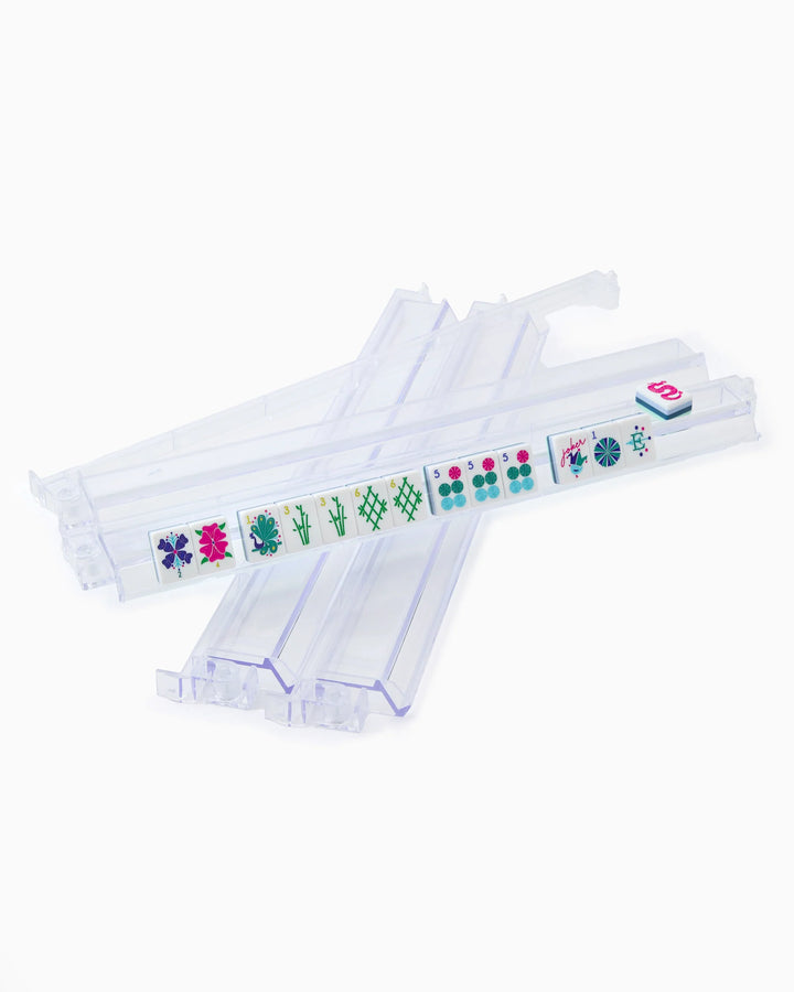 Clear Acrylic Rack &amp; Pushers Set with four clear acrylic Mahjong racks for American Mahjong. Available in standard and large sizes.