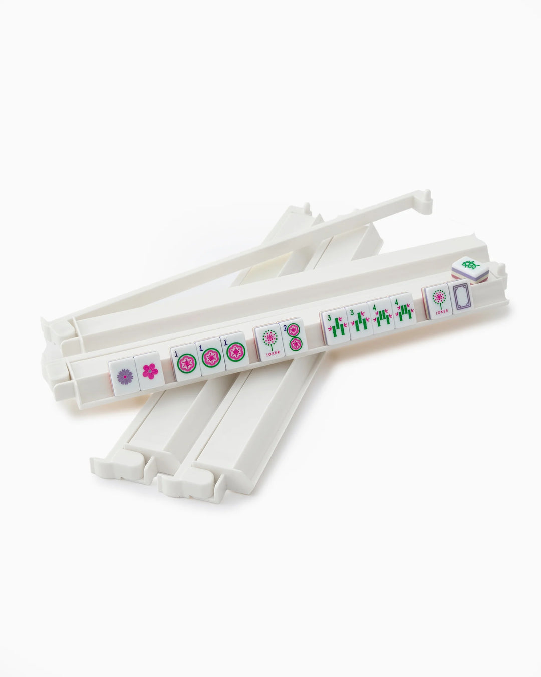 White Acrylic Rack &amp; Pusher Set for Mahjong tiles, includes matching pushers. Available in standard and large sizes.