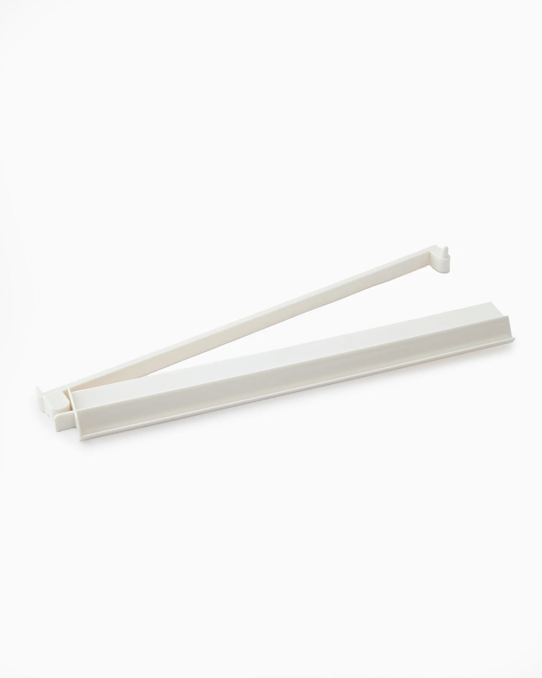 White acrylic rack &amp; pusher set with visible hinge mechanism, available in 14", 16", and 18" sizes.