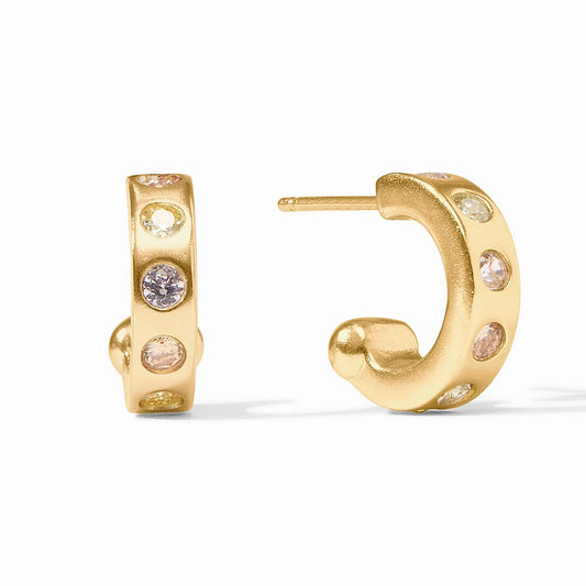 Rainbow Hoop & Charm Earrings have round, multicolored gemstones in gold. Sizes available: small, medium, large.
