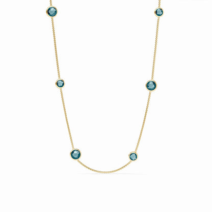 24K gold-plated necklace with five round Montana blue gemstones in gold bezels. Sizes available: See product listing.
