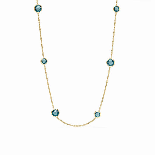 24K gold-plated necklace with five round Montana blue gemstones in gold bezels. Sizes available: See product listing.