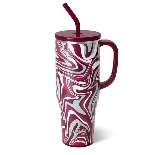 40oz stainless steel tumbler with handle, lid, maroon-white-gray marbled swirl, maroon straw; cup holder friendly.