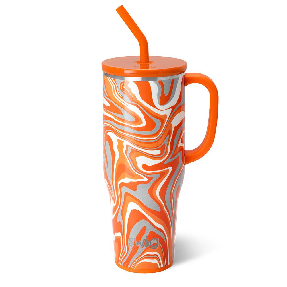 Fanzone Orange Mega Mug: 40oz insulated stainless steel drinkware with handle, lid, and bent straw. Features orange and white swirl pattern with "SWIG" branding near the base. Ideal for on-the-go hydration. Available in 40oz size only.