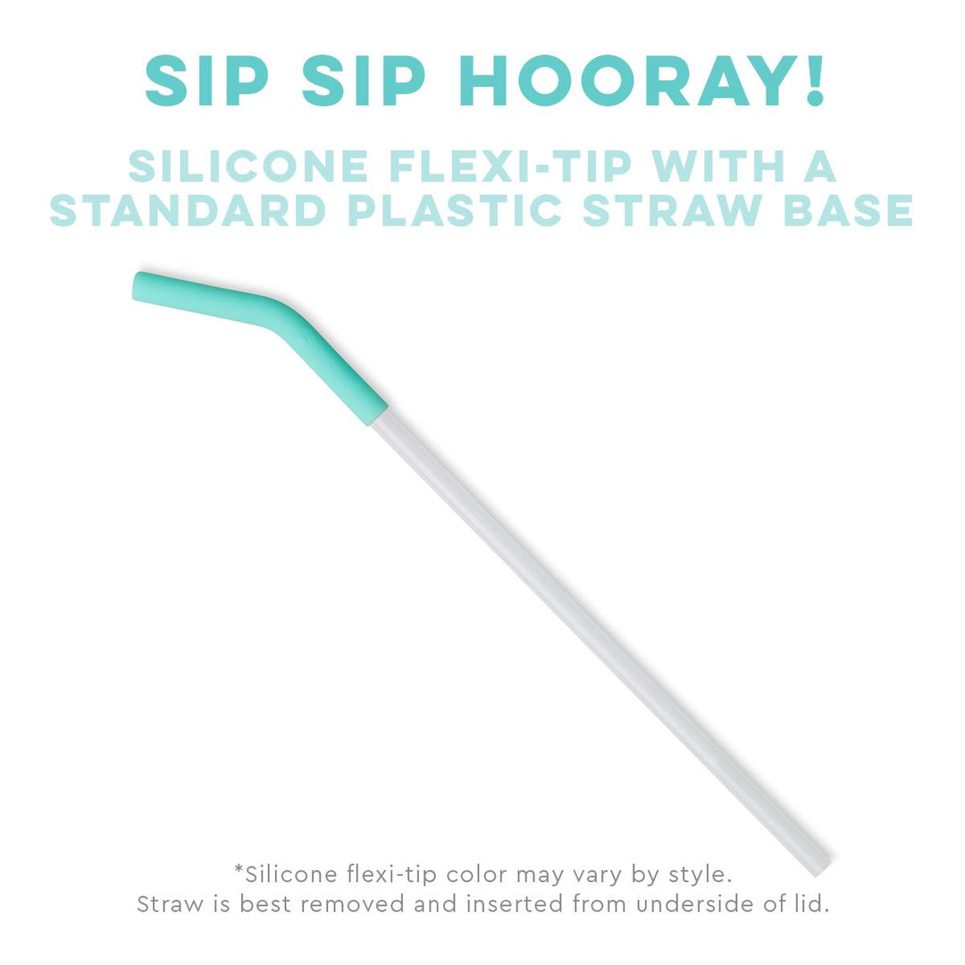 Flexible drinking straw with white plastic base and a light blue silicone flexi-tip. Available in one size.
