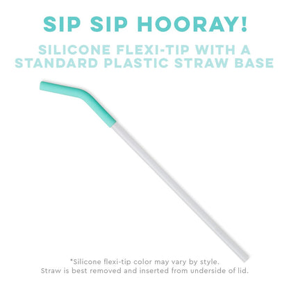 Flexible drinking straw with white plastic base and a light blue silicone flexi-tip. Available in one size.