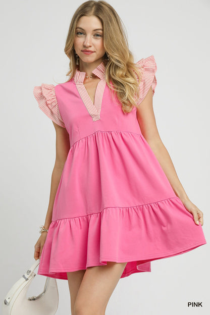 Bubblegum Bliss Ruffle Sleeve Tiered Dress: bright pink, short, ruffled sleeves, tiered. Available in XS–XL.