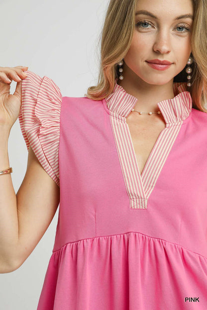 Bubblegum Bliss Ruffle Sleeve Tiered Dress with pink-and-white striped ruffle sleeves and trim. Available in S, M, L, XL.