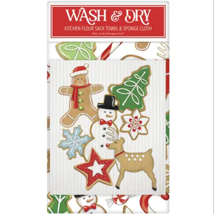 Festive Christmas Wash &amp; Dry Sets, including a kitchen flour sack towel and sponge cloth with gingerbread men, snowmen, reindeer, and star-shaped cookie pattern.