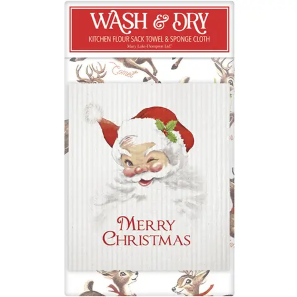 Festive Christmas Wash &amp; Dry Set consisting of a winking Santa sponge cloth and a reindeer flour sack towel.