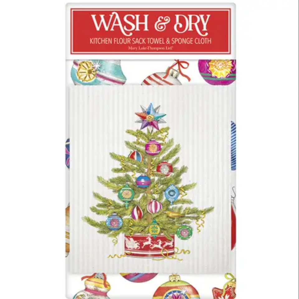 Festive Christmas Wash &amp; Dry Set with flour sack towel and sponge cloth featuring a decorated Christmas tree.