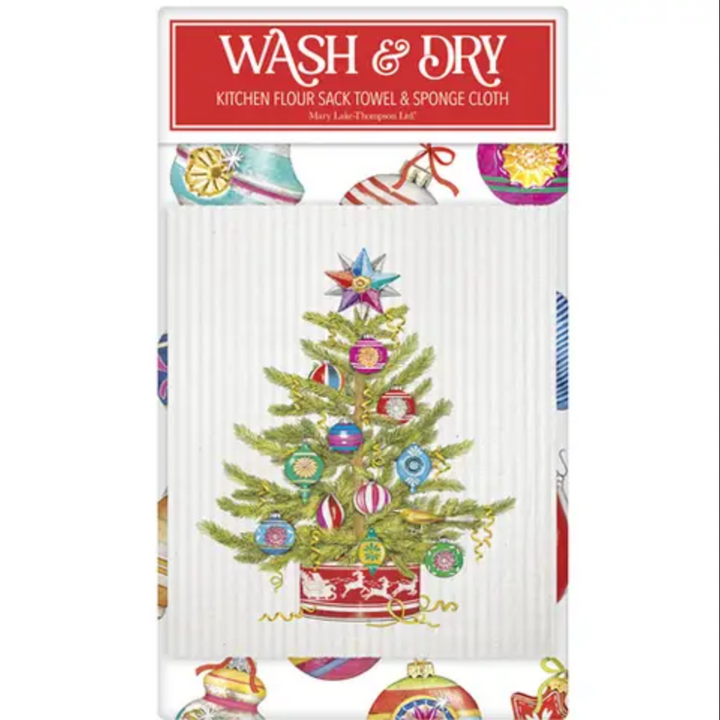 Festive Christmas Wash &amp; Dry Set with flour sack towel and sponge cloth featuring a decorated Christmas tree.