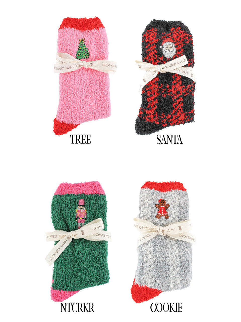 Four pairs of Soft-n-Cozy Fuzzy Holiday Socks, available in one-size-fits-most.