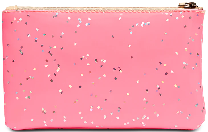 Consuela Slim Wallet, Shine: Pink zippered pouch with shiny, small star-shaped confetti. Features 12 card slots. Available sizes: standard.