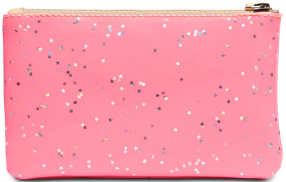 Consuela Slim Wallet, Shine: Pink zippered pouch with shiny, small star-shaped confetti. Features 12 card slots. Available sizes: standard.