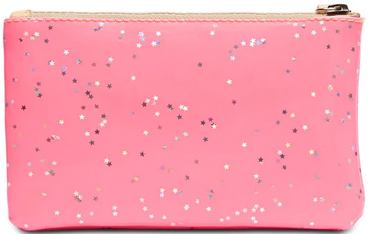 Consuela Slim Wallet, Shine: Pink zippered pouch with shiny, small star-shaped confetti. Features 12 card slots. Available sizes: standard.