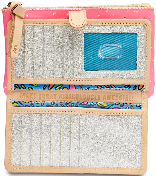 The Consuela Slim Wallet, Shine features 12 card slots (some sparkly), a small transparent ID window, and a blue-lined slot. Neon pink patent star glitter design exterior with "MAKE TODAY RIDICULOUSLY AWESOME!" inside. Sizes: Not specified.