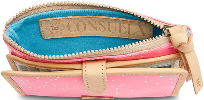 Consuela Slim Wallet, Shine in neon pink patent star glitter. Features a top zipper, blue fabric interior, and visible brand label. Includes front leather pocket and 12 card slots for organization. Available Size: One Size.