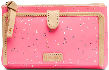 Neon pink wallet with tan trim, snap closure, multicolored stars, "Consuela" patch. Sizes: Slim.