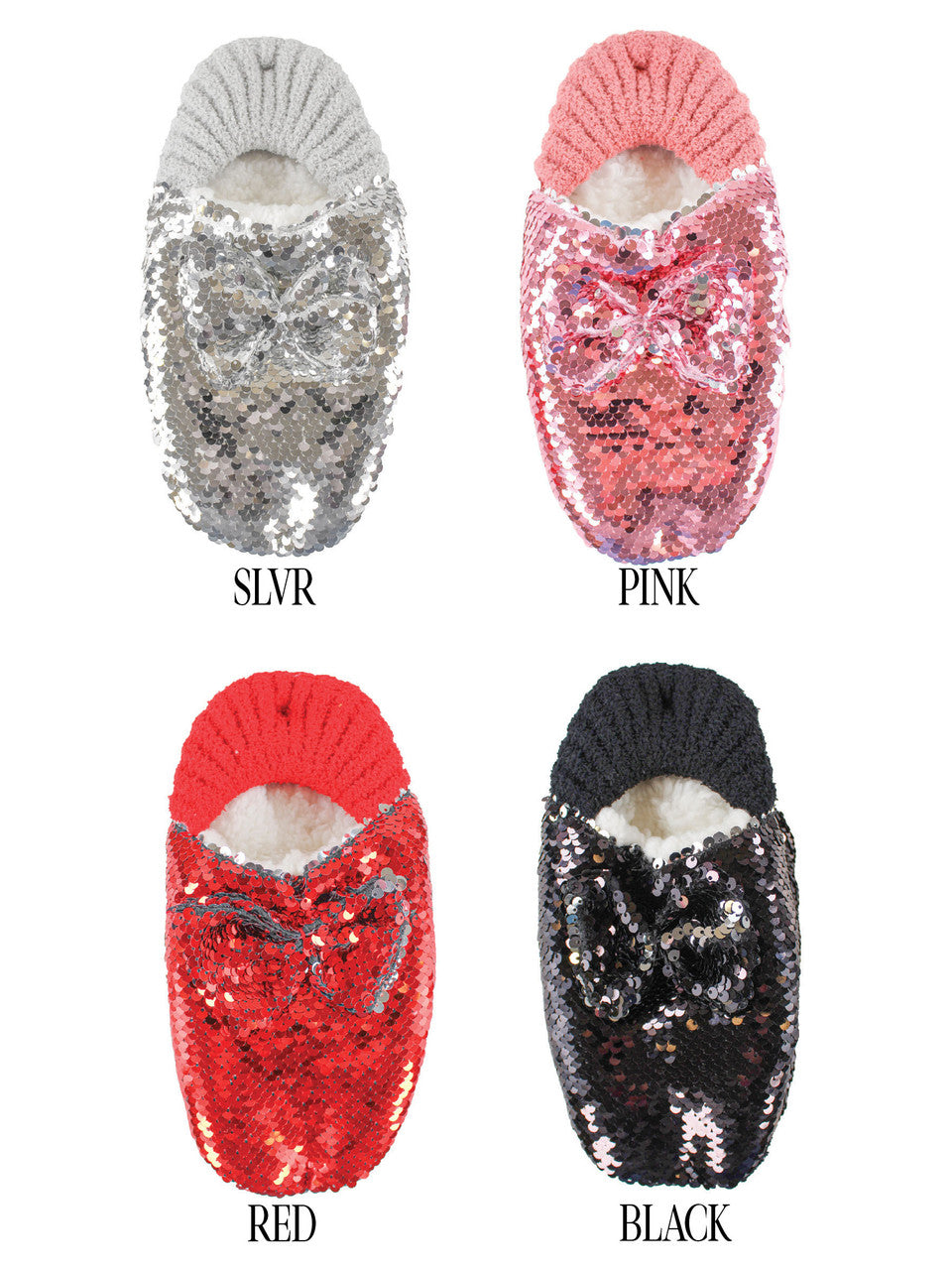 Sequin Slippers with Bows are sequin-covered pet beds featuring knitted openings and charming bows. Available sizes: one standard size. Colors: silver (SLVR), pink (PINK), red (RED), black (BLACK).