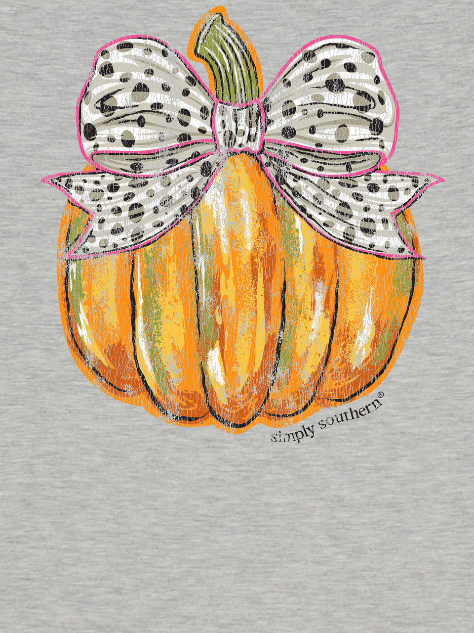 Heather gray t-shirt with an orange pumpkin, a large white polka dot bow, and “Simply Southern” text beneath. Available in sizes S-XXL.