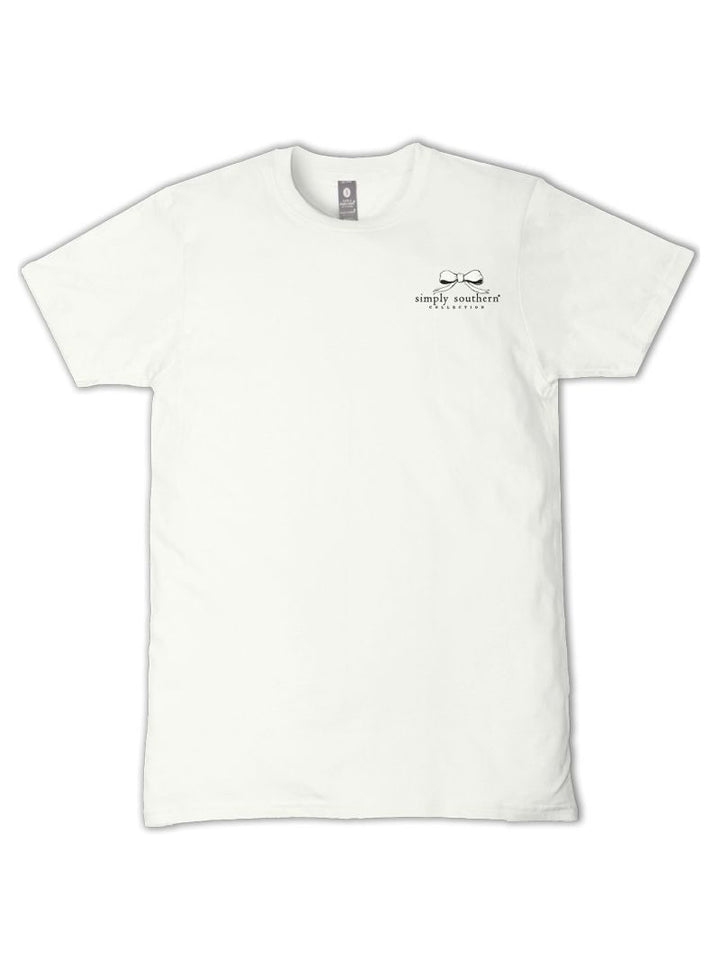 White cotton tee with small black eyeglasses graphic, "simply southern" text, available in sizes S-XL.