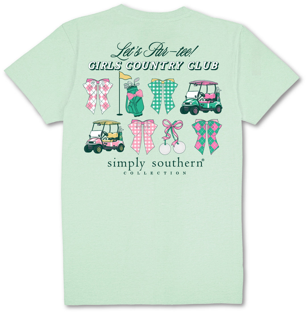 Mint golf tee with golf carts, clubs, bows, and balls. "Let&
