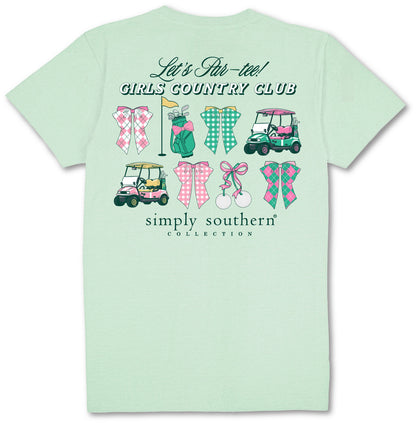 Mint golf tee with golf carts, clubs, bows, and balls. "Let's Par-tee! Girls Country Club." Sizes S-XL. Simply Southern.