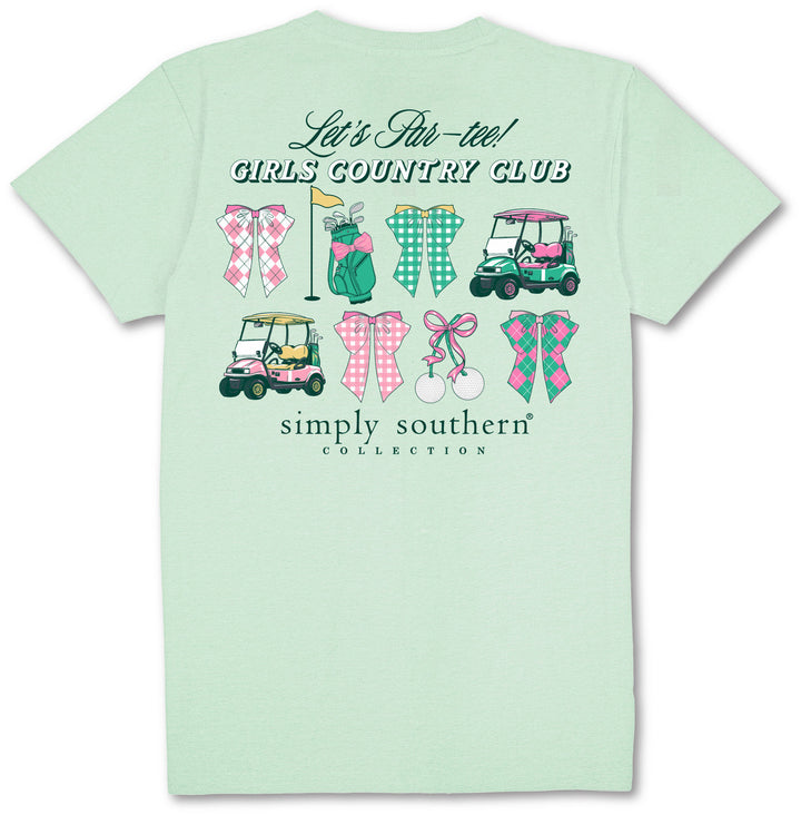 Mint golf tee with golf carts, clubs, bows, and balls. "Let&
