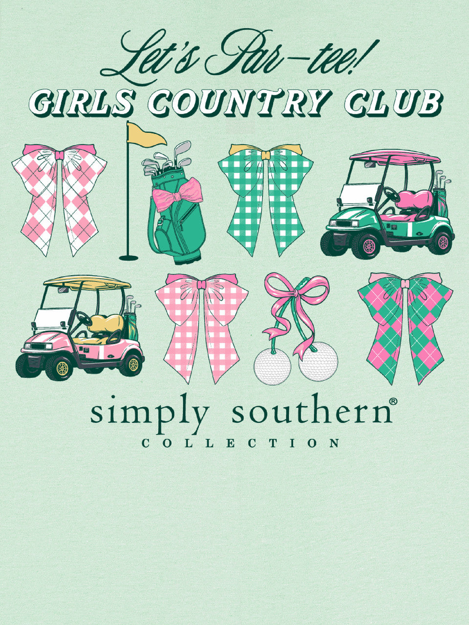 Mint Golf T-Shirt with plaid bows, golf carts, pink accents; text: "Let&