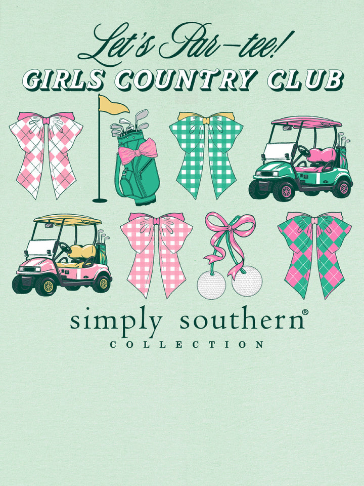 Mint Golf T-Shirt with plaid bows, golf carts, pink accents; text: "Let&