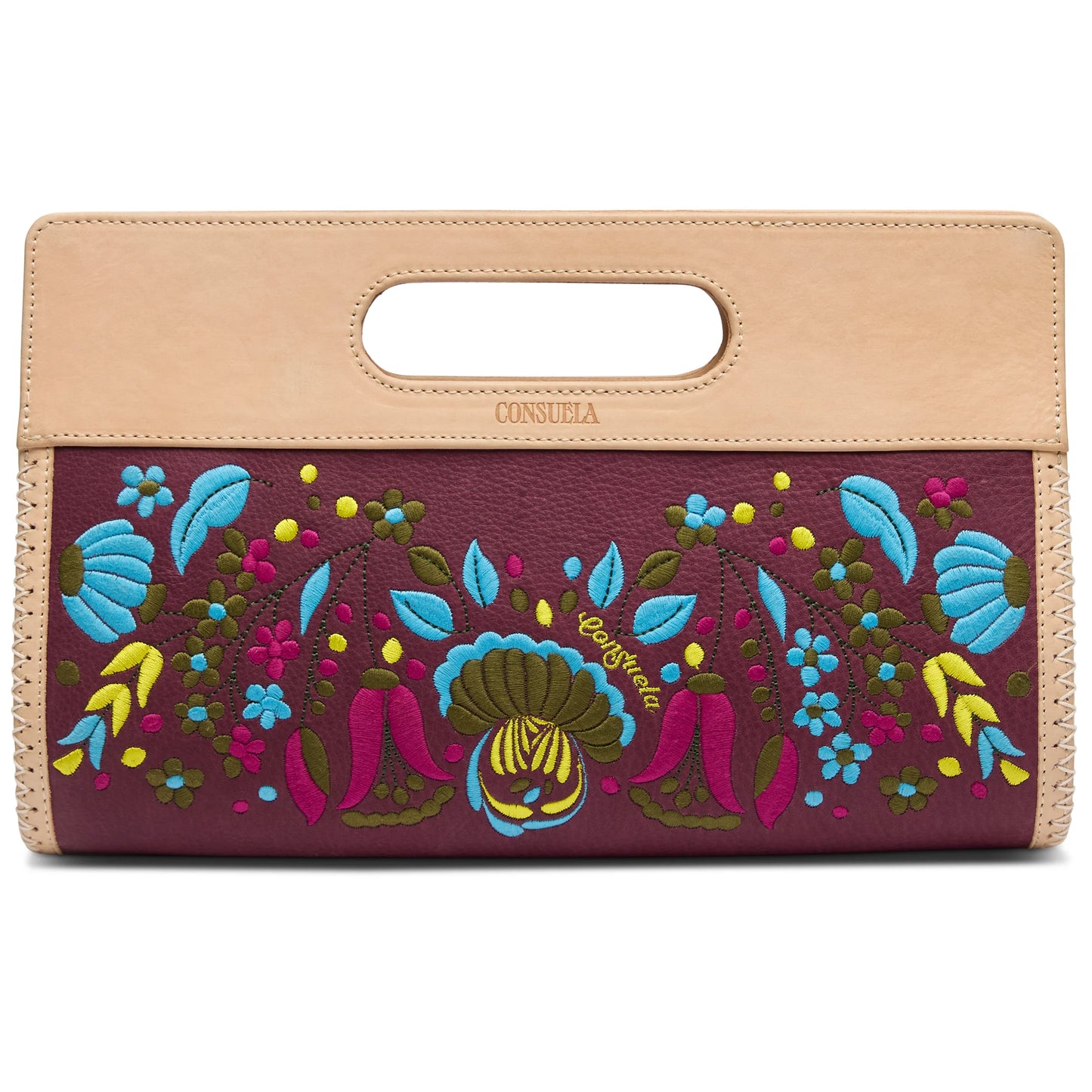 Dark maroon rectangular clutch with multicolor floral embroidery, tan leather handle, and “Consuela” emboss. Sizes: One size.