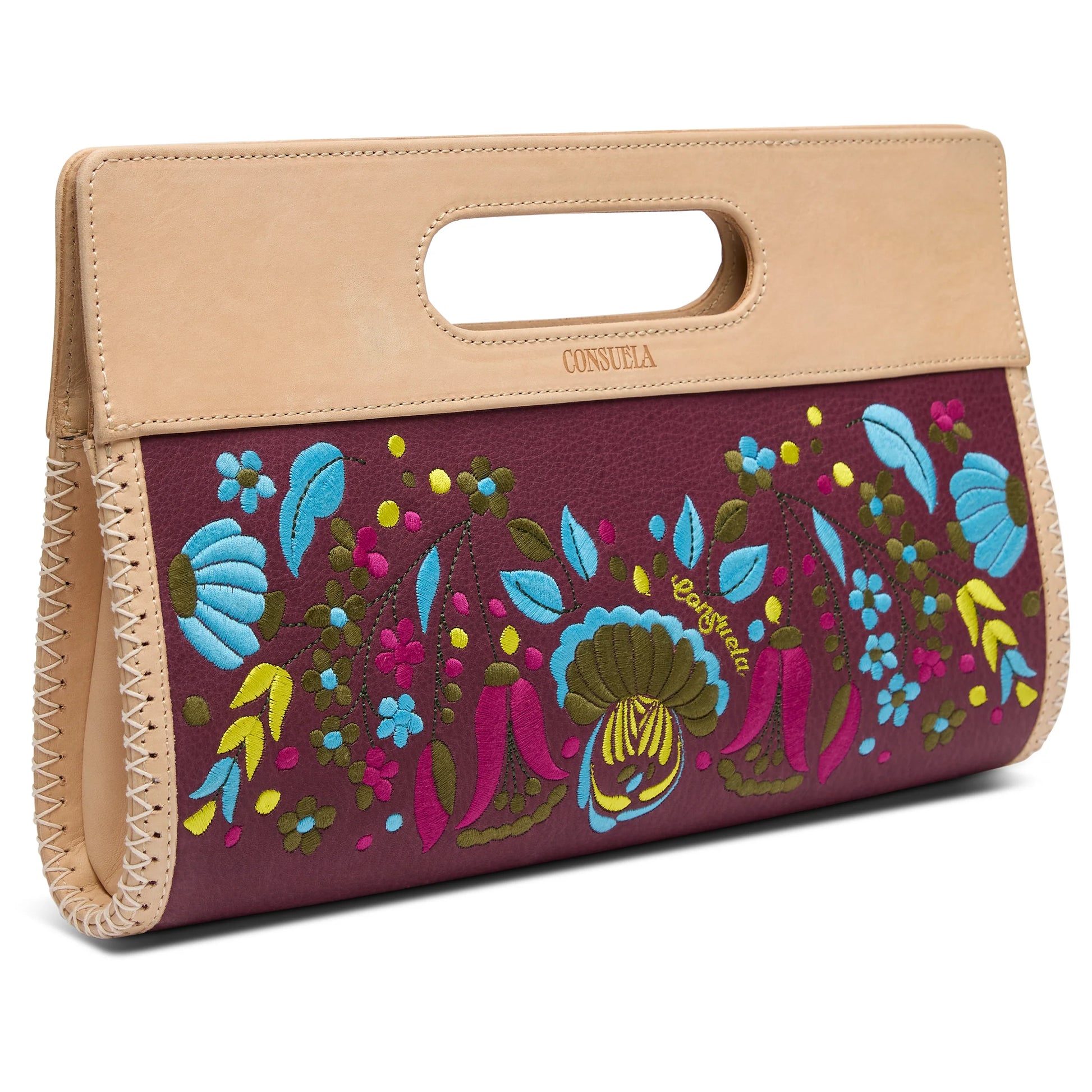 Rectangular maroon clutch with multicolor floral embroidery, tan leather handle, beige edging. Sizes: S, M, L.