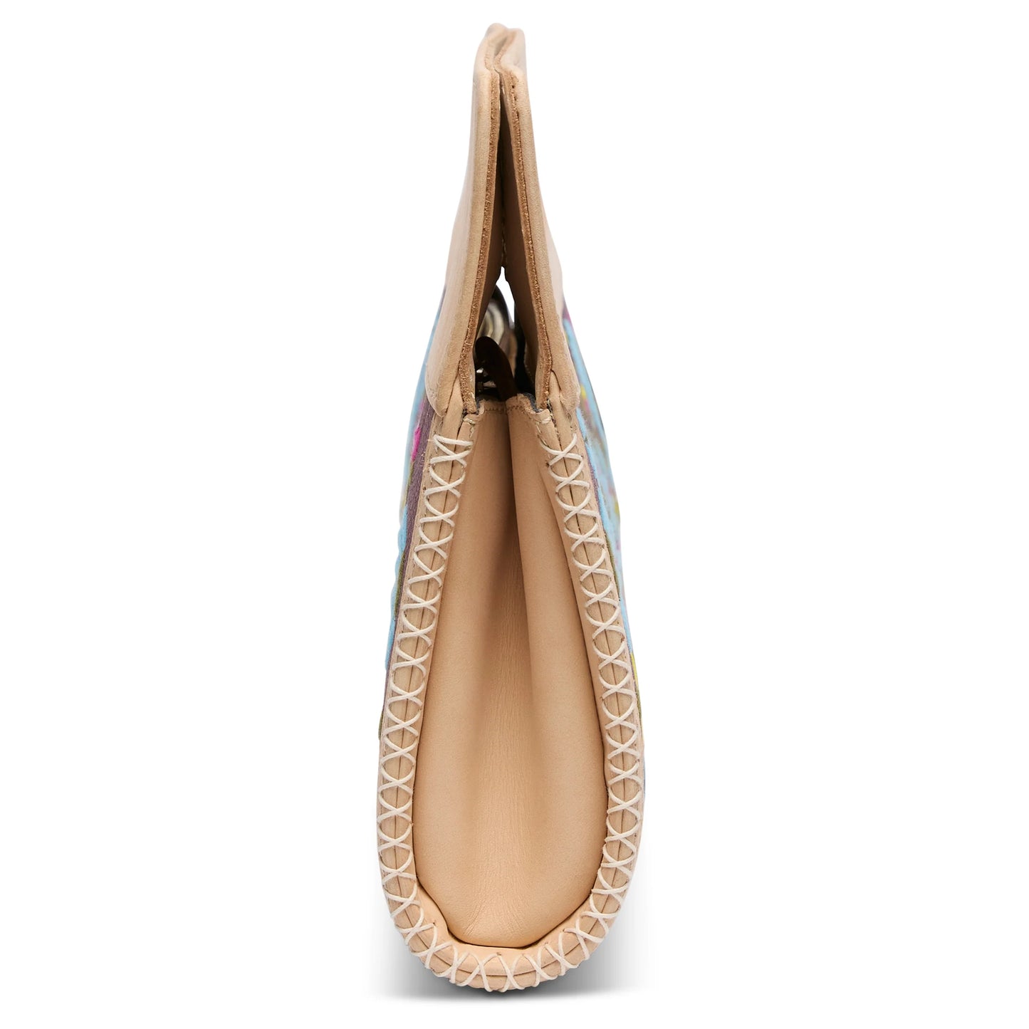 Beige leather Super Clutch Riley moccasin with white sole stitching, floral embroidery. Sizes: 5-11.