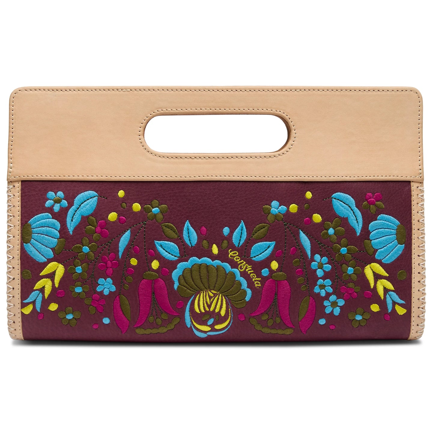 Rectangular maroon clutch with tan leather handle, colorful floral embroidery; available in multiple sizes.