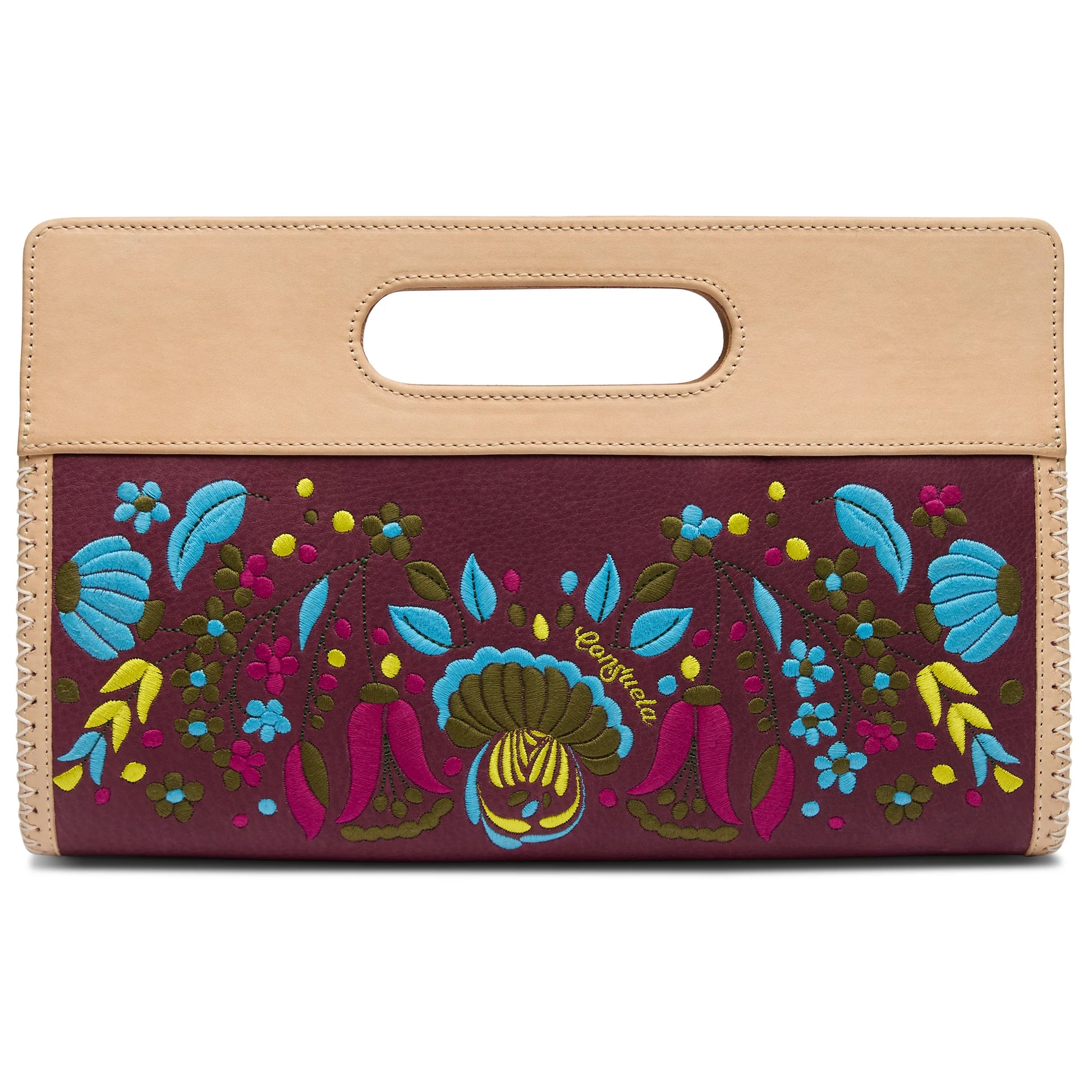 Rectangular maroon clutch with tan leather handle, colorful floral embroidery; available in multiple sizes.