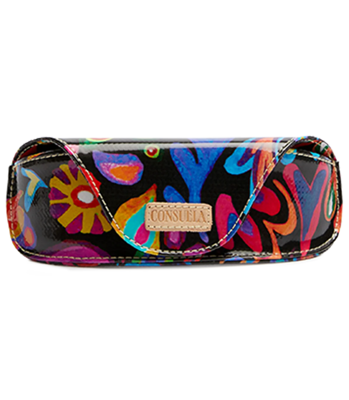 Colorful Consuela Sunglass Case, Sophie. Vibrant abstract floral and heart pattern with glossy finish. Durable ConsuelaCloth™. Beige Consuela logo patch on front flap. Secure magnetic closure. Sizes: One Size