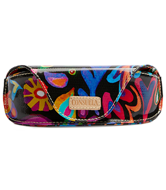 Colorful Consuela Sunglass Case, Sophie. Vibrant abstract floral and heart pattern with glossy finish. Durable ConsuelaCloth™. Beige Consuela logo patch on front flap. Secure magnetic closure. Sizes: One Size