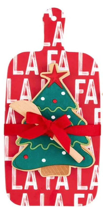 Christmas Melamine Board and Napkin Set with a rectangular shatterproof melamine serving board featuring “LA LA LA” text.