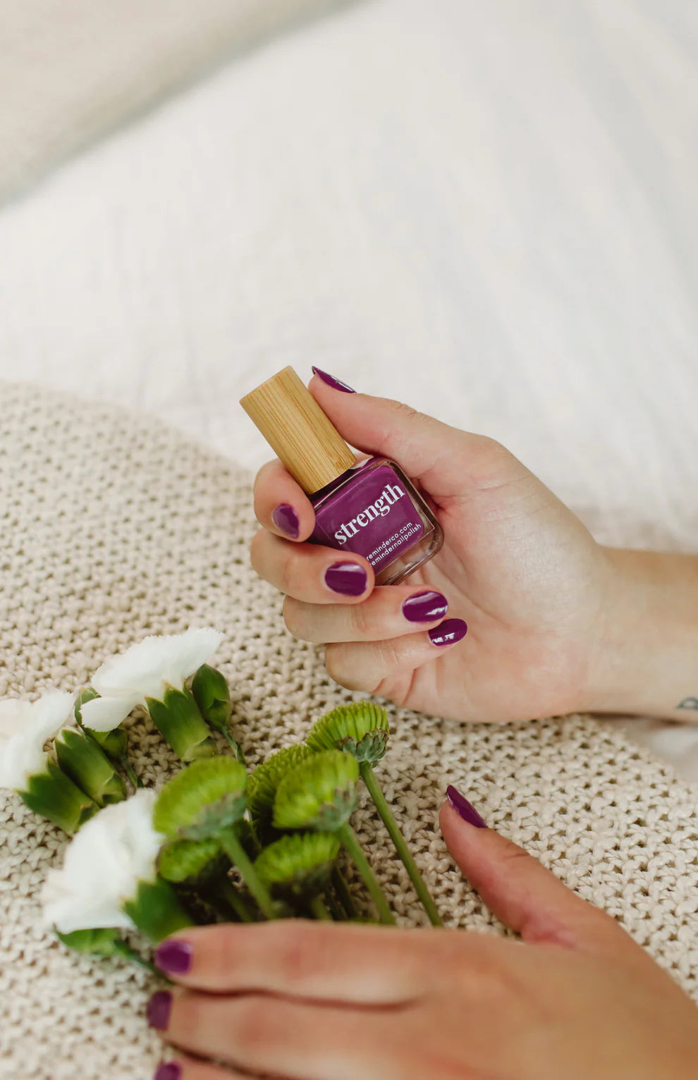 'Strength' violet purple reminder nail polish bottle. Sizes: 10ml, 15ml.