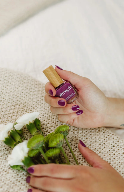 'Strength' violet purple reminder nail polish bottle. Sizes: 10ml, 15ml.