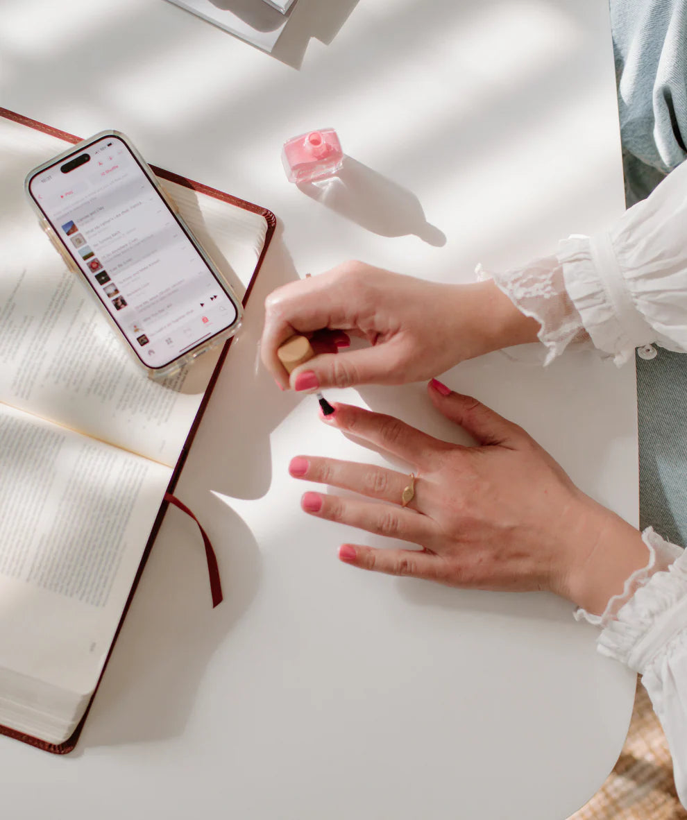 Bottle of vegan, cruelty-free ‘purpose’ reminder nail polish in honeysuckle pink, available in 10ml and 15ml sizes.