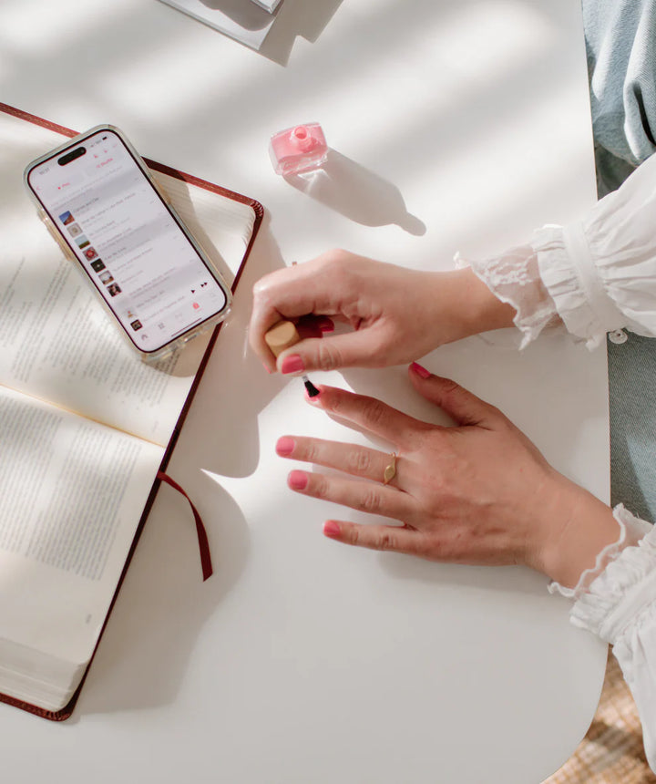 Bottle of vegan, cruelty-free ‘purpose’ reminder nail polish in honeysuckle pink, available in 10ml and 15ml sizes.
