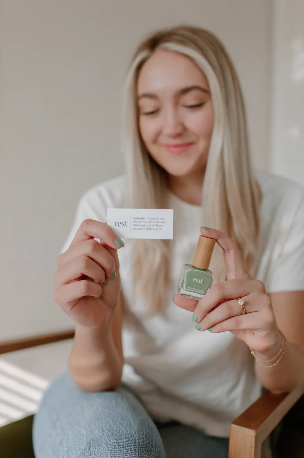 'Rest' sage green reminder nail polish bottle shown; available in 10ml and 15ml sizes.